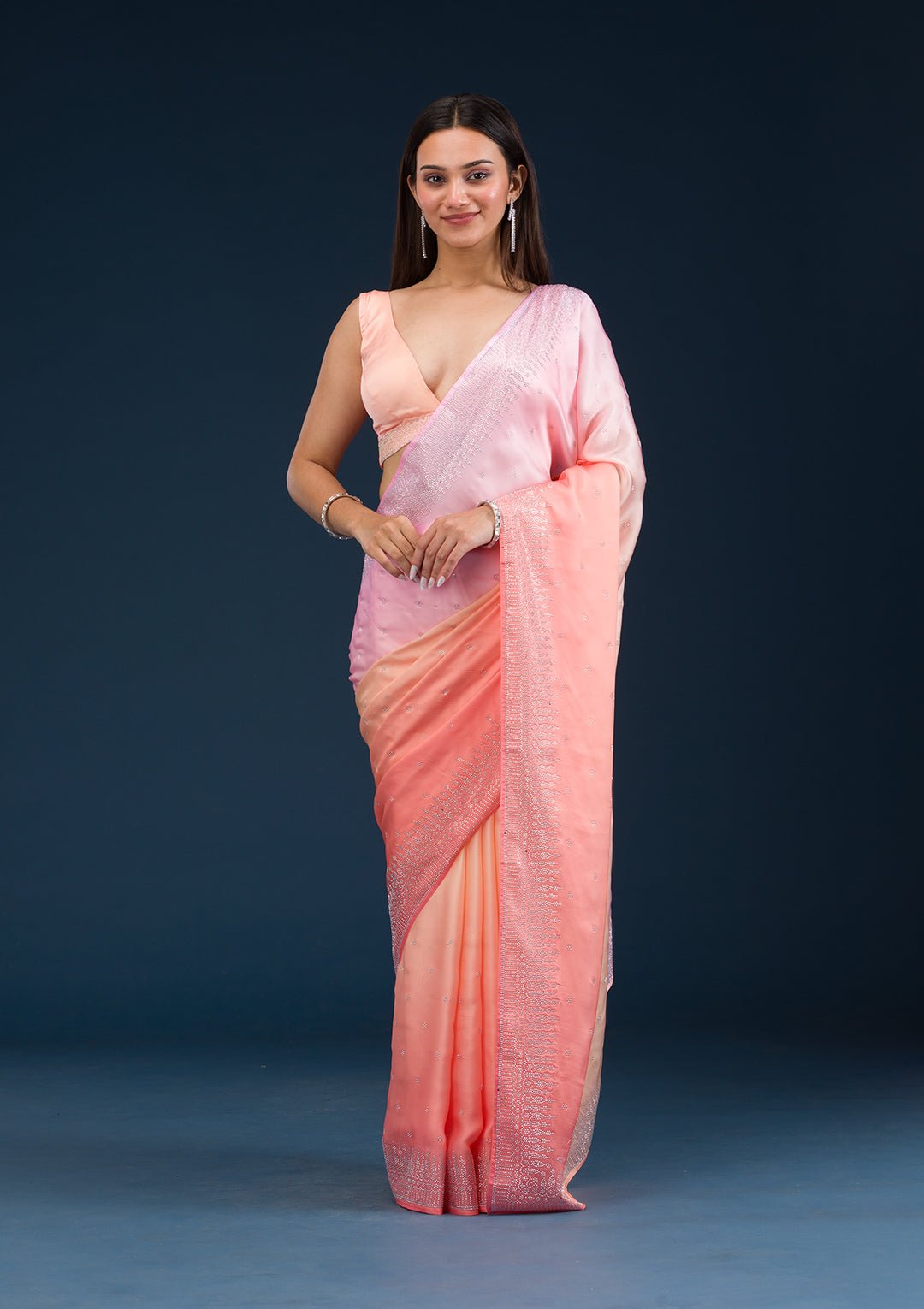 Light Orange Stonework Satin Saree - Image 4